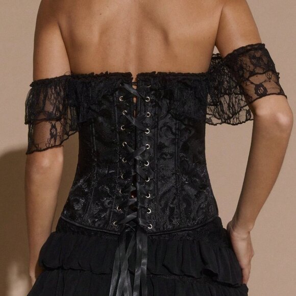 Black Women's Lace Front Tie Off-Shoulder Blouse - Picture 4 of 7